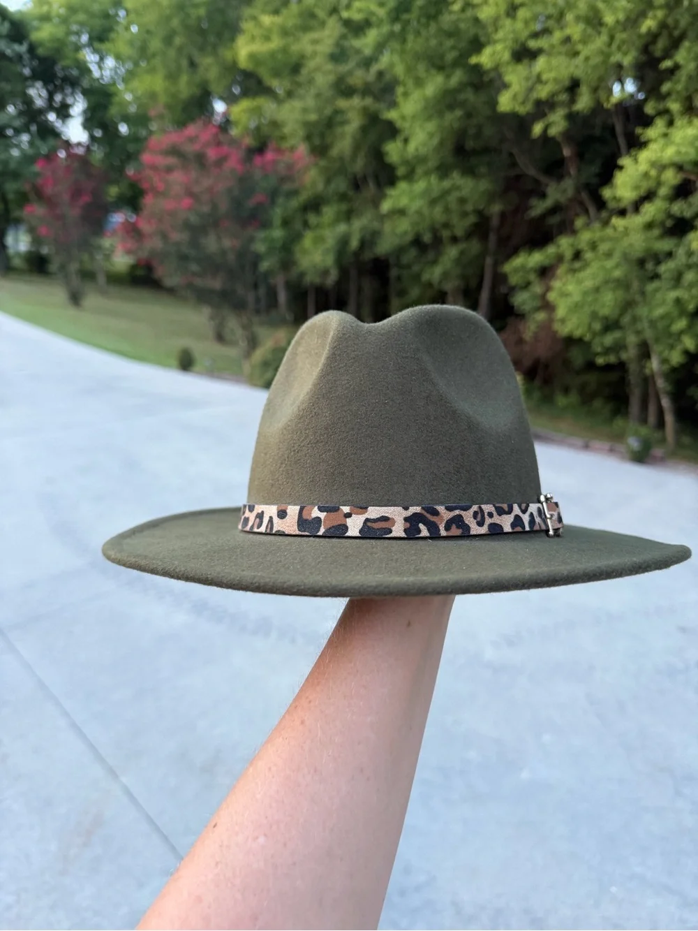 Olive Felt Fedora Hat with Leopard Accent Band